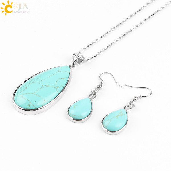 CSJA New Beach Wedding Jewellery Natural Gemstone Necklace Set Bridal Jewelry Sets Earrings for Women Water Drop Bride Accessories E567