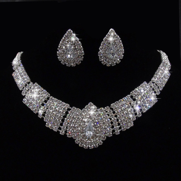 Luxury Crystal Bridal Wedding Jewelry Set Shinning Crystal Rhinestone Stud Earrings Necklace Set for Girls Women Party Jewelry Gifts