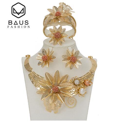 Dubai suit jewellery flower type Gold color jewelry set Nigerian wedding african beads ethiopian gold Bridal accessories