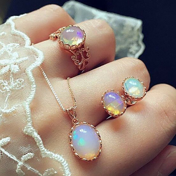 New Fashion Gold Plated Handmade Opal Jewelry Sets For Women Vintage Water Drop Pendant Necklace Rings Stud Earrings Sets KR