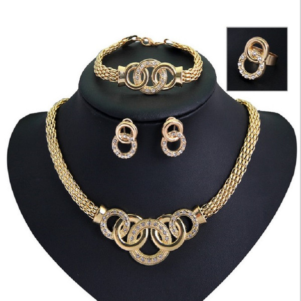 Cheap Bracelets Necklaces Earrings Rings Sets Womens Fashion Rhinestone 18K Gold Plated Alloy Circles Party Jewelry 4Pcs Set Wholesale