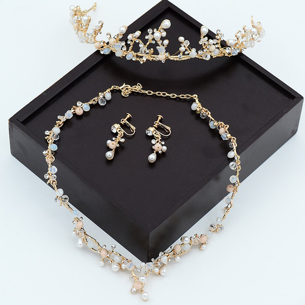 High Quality Wedding Jewelry Sets for Bridal Gold Crowns Headpieces Hair Accessories with Pearls Necklace bijoux mariage