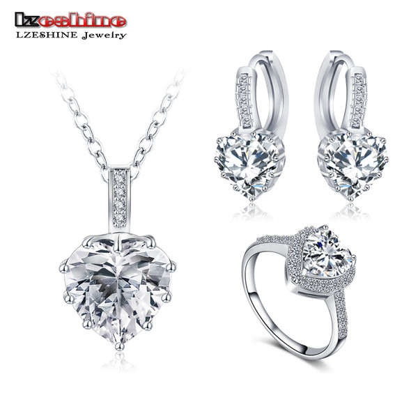 Wholesale-LZESHINE New Fine 2016 Women Romantic Heart Shape AAA Zircon Wedding Jewelry Earring/Necklace/Ring Bridal Jewelry Set CST0033