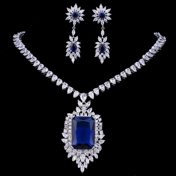 Emmaya Zircons AAA Quality Cubic Zirconia Big Rectangul Royal Blue Bridal Wedding Evening Earring Necklace Jewelry Set For Women