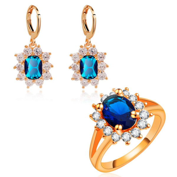 Yunkingdom Fashion Flower Jewelry Sets for Women Ladies Rose Gold Color Earrings Rings Sets Elegant Blue Jewelry Wholesale