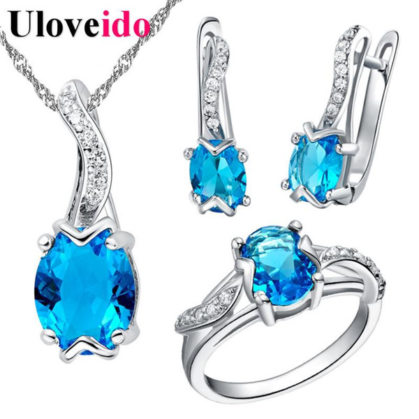 whole sale30% Off Blue Wedding Dubai Jewelry Sets for Women Ring Necklace and Earrings African Jewelry Set Gifts 2017 Choker Uloveido T231