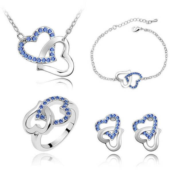 18K White Gold Plated Double Austrian Crystal Heart Necklace Earrings Ring Bracelet Jewelry Set Made With Swarovski Elements for Women 4pcs