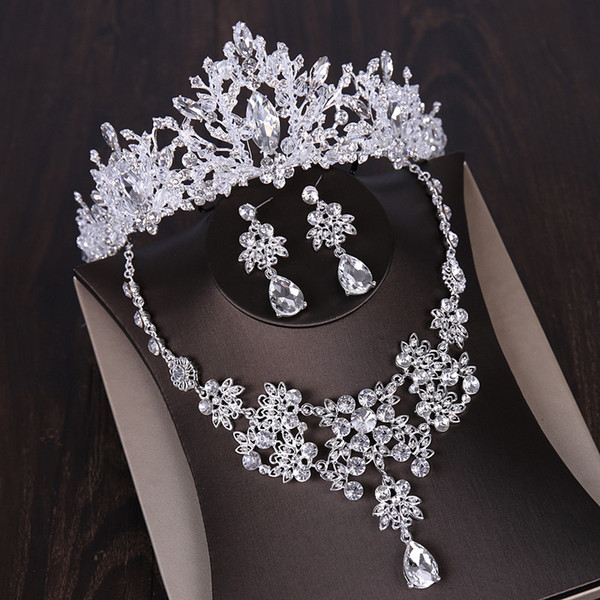 Luxury Silver Crystal Bridal Jewelry Sets African Beads Rhinestone Choker Necklace Earrings Crowns Set Wedding Dress Accessories