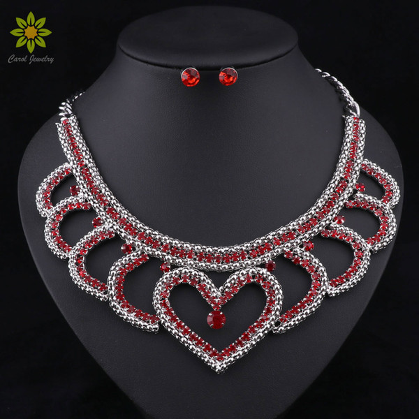 African Beads Jewelry Sets Trendy Necklace With Earring Silver Metal Choker Red Crystal Heart Shaped Necklace Earrings For Women