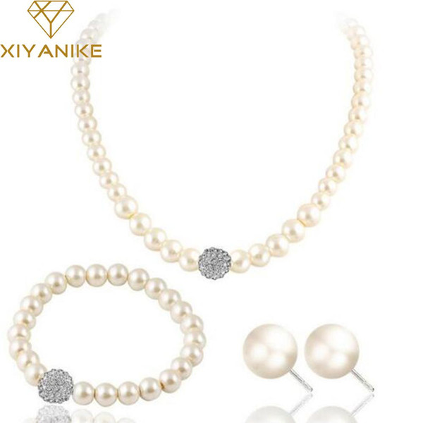 whole saleXIYA 2017 Fashion Bridal Jewelry Sets Simulated Pearl Wedding Earrings Crystal Necklace Party Beads Bracelet Accessories N49