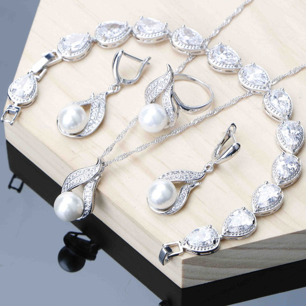 Bridal Jewelry Sets White Pearl Zircon Silver 925 Jewelry Ring Necklace Earrings Set Cubic Zircon Bracelet Dropshipping