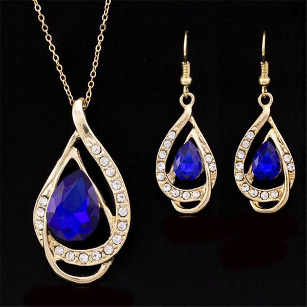 Female Fashion Pendants Necklaces Earrings sets Gold rhinestone crystal bridal wedding jewelry sets for women