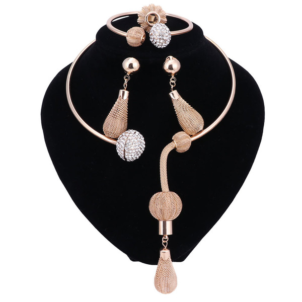 New Quality Fine Jewelry Sets For Women Wedding Accessories African Beads Party Gift Gold-color Crystal Necklace Earrings Bangle