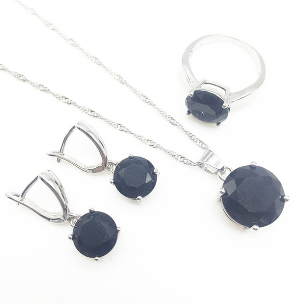 Round Black Zircon Women's 925 Sterling Silver Jewelry Sets Earrings/Pendant/Necklace/Rings Free Shipping