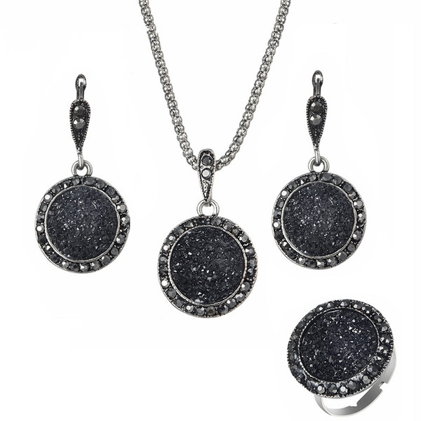 Resin Necklaces Earrings Ring Sets 3PCS for Women Retro Bohemian Round Gravel Vintage Bride Wedding Black Natural Stone Jewelry Accessories