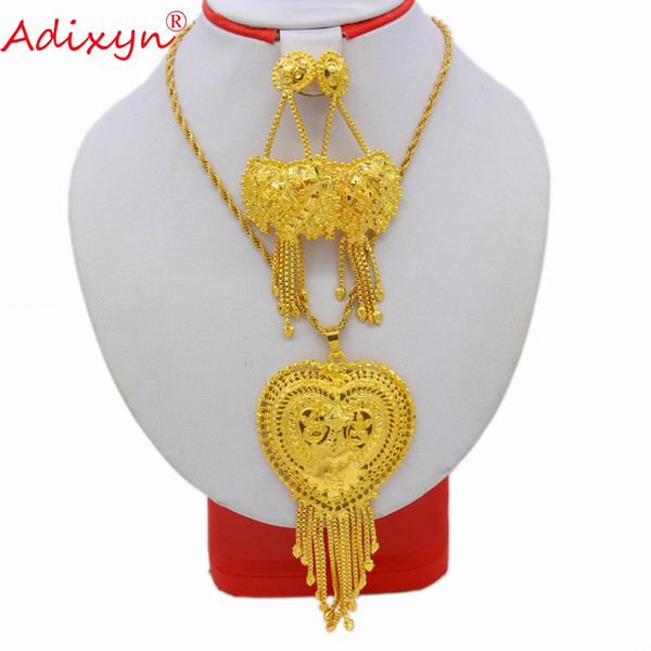 wholesale Heart Pendant Dubai Jewelry Set Gold Color Necklace Earrings Set Luxury Arab African Wedding Party MOM Gifts N12172