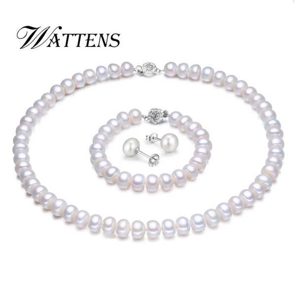 Pearl jewelry sets natural Freshwater pearl necklace Bracelets earrings for women 925 sterling silver buttons Party Accessories