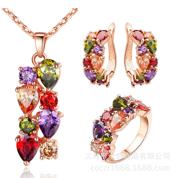 Fashion Multicolour Cubic Zirconia Rings Necklace Earrings Rose Gold Plated Jewelry Sets Women Girl's Wedding Gift