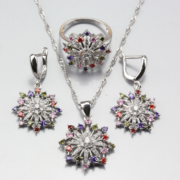 Elegant 6-Color Snowflake Style Jewelry Sets Colorful Zircon 925 Sterling Silver Earrings Pendant Necklace Ring Size 6/7/8/9/10