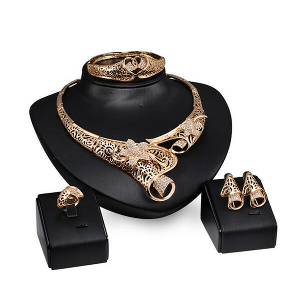 Vintage Gold Dubai Wedding Jewelry Sets African Beads Statement Chocker Necklace Earrings Bracelet Ring Sets Women Accessories