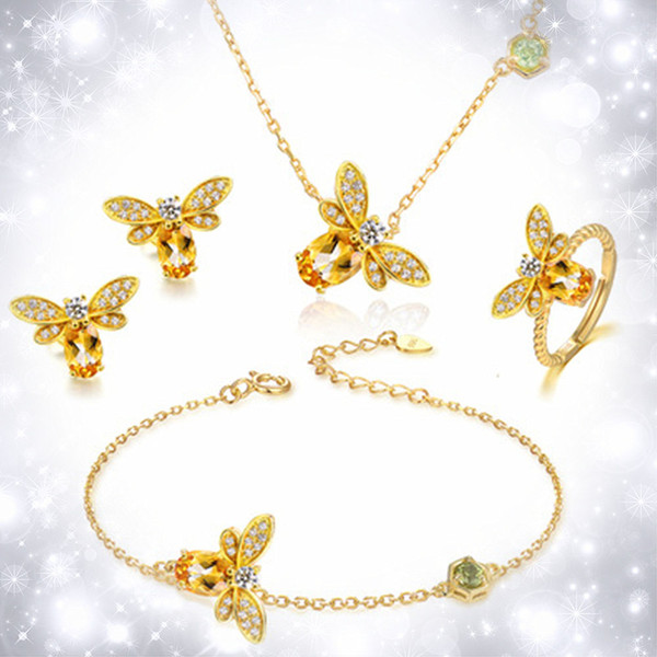 4 PCS /Set New Cute Bee Jewelry Set for Women Wedding Engagement Yellow CZ Crystal Gold Necklace Earring Bracelet Ring Sets