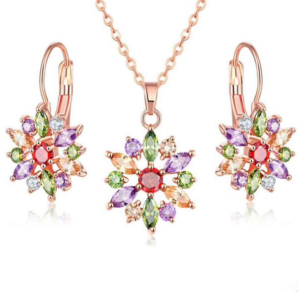 New Rose Gold Color Colorful Zircon Hoop Earrings Pendant Necklaces 2Pcs Jewelry Set For Women Crystal Wedding Jewelry Sets