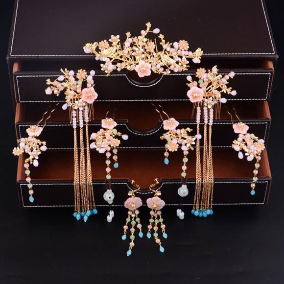 Chinese style wedding hair accessories ancient Chinese style bridal tiara set step shake fengguan xiuhe dress hair crown