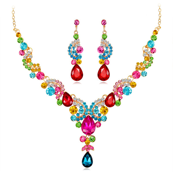 wholesale Multicolor Water Drop Crystal Necklace Earrings for Women Wedding Accessory Fashion Rhinestones Bridal Jewelry sets