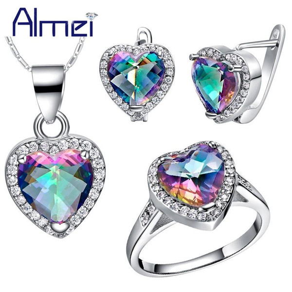 Almei 49%off Silver Color Heart Jewelry Set Wedding Bridal Earrings Necklace Ring Set Rainbow Pink Crystal Jewellery Ladies T481