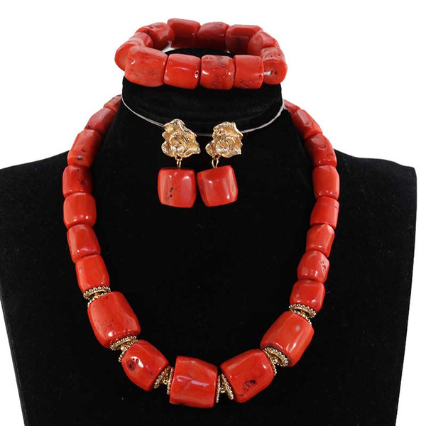 Single Row Original Real Coral Bead Pendant Necklace Set Nigerian Coral Bridal Jewelry Sets for Women 4pcs