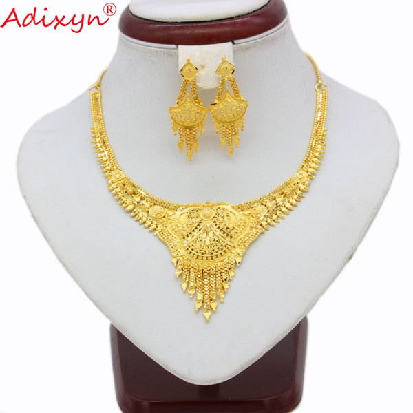 Adixyn Dubai Tassel Necklace Earrings Set Jewelry For Women/Girl Gold Color African/Ethiopian/India Wedding/Party Jewelry N11214