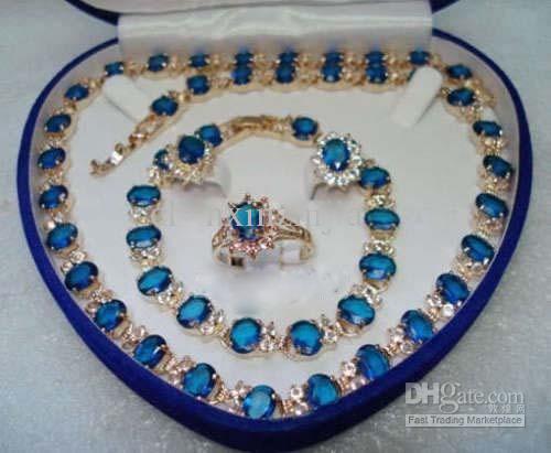 Blue Stone Sapphire 18KT Yellow Set Crystal Necklace Bracelet Earrings Ring Jewelry set