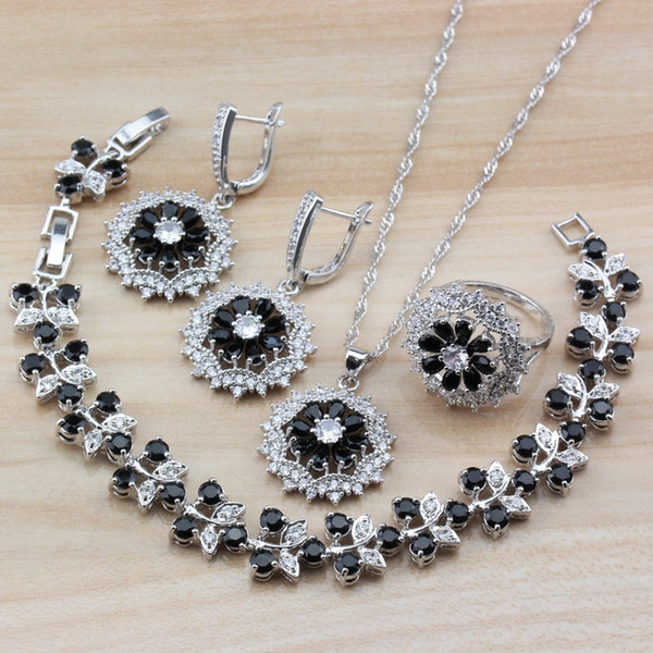 Occident Punk Style 925 Sterling Silver Black Zircon White Crystal Jewelry Sets For Women Costume Independent Gift Box