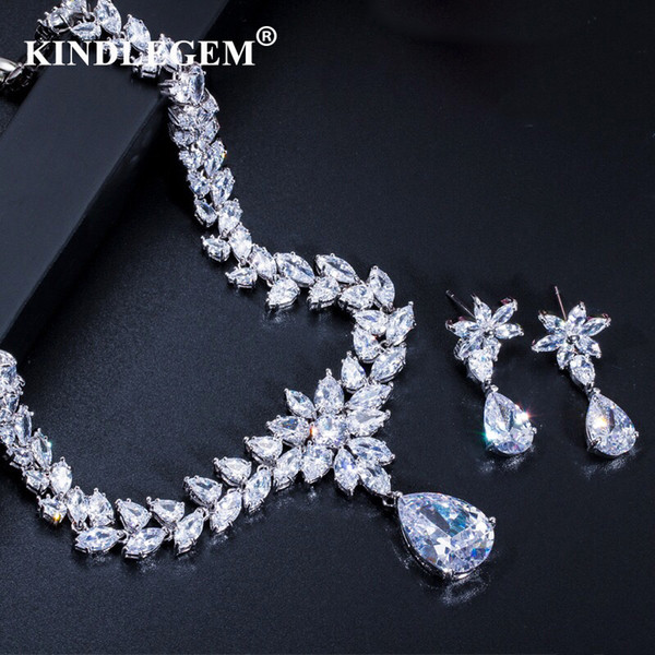 Kindlegem Luxury Bling Bling Zircon Jewelry Set Fashion Earrings Necklace European Dubai Bride Engagement Anniversary Bijoux