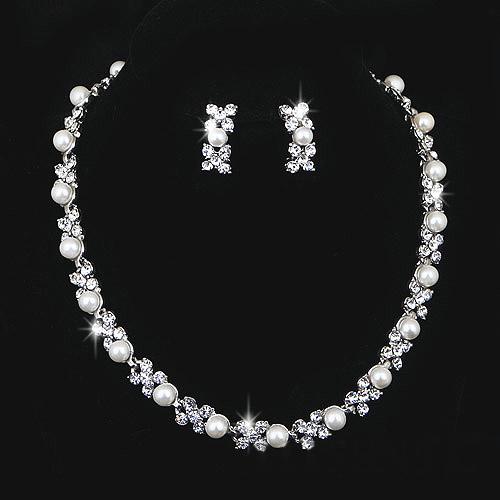 Wedding Jewelry Sets Silver Artificial Pearl Rhinestone Crystal Bridal Dress Accessories Necklace Earrings Set Simple Style Shining Jewelry