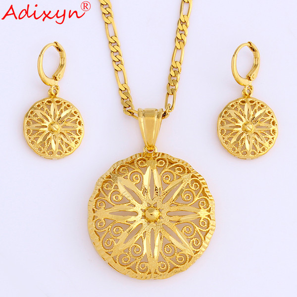 wholesale Flower Shape Figaro Chain Earring&Pendant Gold Color Ethnic Hollow Jewelry Sets For Women N08237