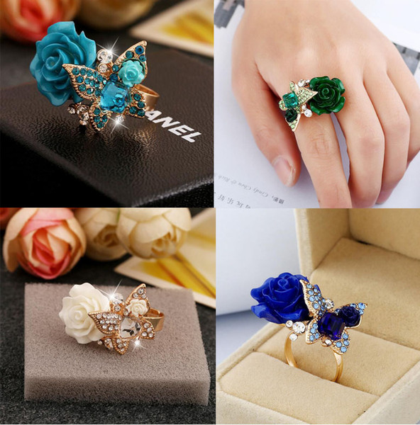 2018 New Hot Adjustable Ring Fashion Trendy Retro Bohemia Rose Ring Butterfly Stud Earrings Sets For Women Wedding Jewelry Gift