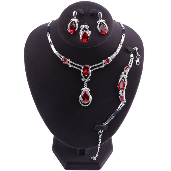 Sliver Plated Costume Jewelry Sets For Women Bracelets/Necklace/Pendant/Stud Earrings/Rings Wedding Set With Red Stones