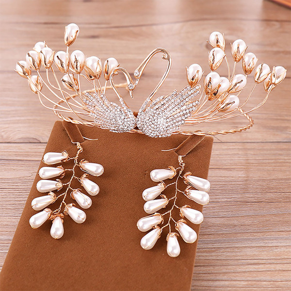 Ladies Delicate Simulation Pearl Hair Jewelry Women Party Fashion Swan Hair Bands Tassel Earrings Bridal Wedding Jewelry Set