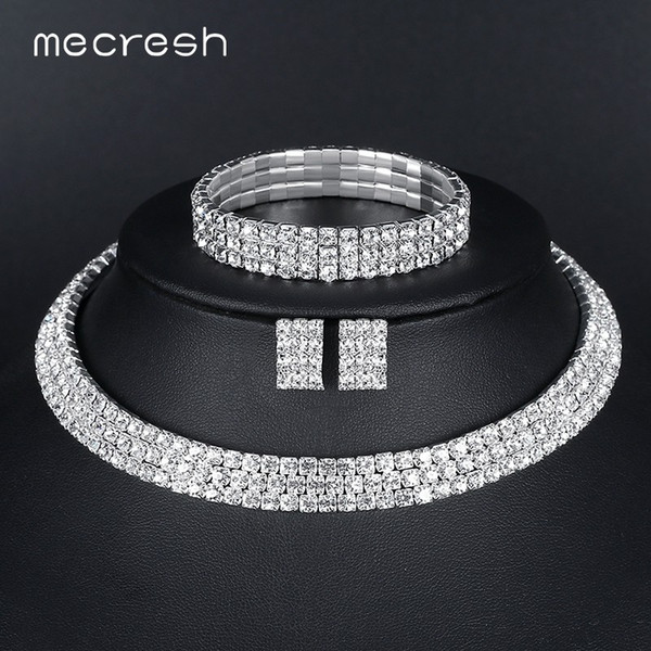 Mecresh Classic Silver Color Crystal Bridal Jewelry Sets African Beads Rhinestone Wedding Necklace Earrings Bracelet Sets 3TL002