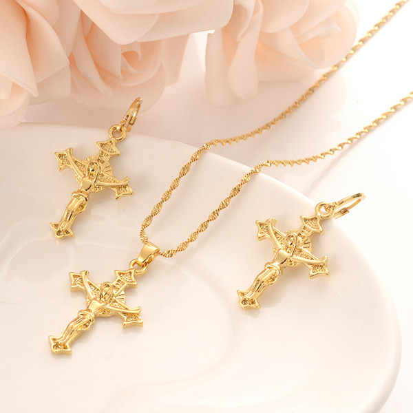 gold cross Pendant Necklace chain Earrings sets Jewelry Gold Christian jewelry sets for women girl Best Jesus Gifts souvenir