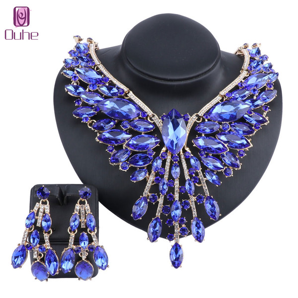 Fashion Crystal Rhinestones Statement Necklace Earrings For Women Indian Bridal Wedding Party Accessories Decoration Jewelry Set