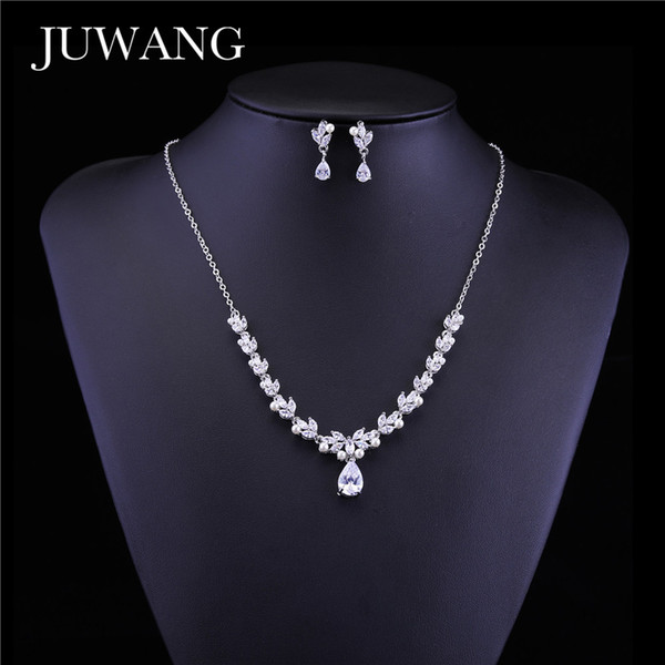 JUWANG 2018 Brand AAA Zircon Imitation Pearl Jewelry Set for Women Bride Bridesmaid Necklace Earrings Set Water Drop Gift