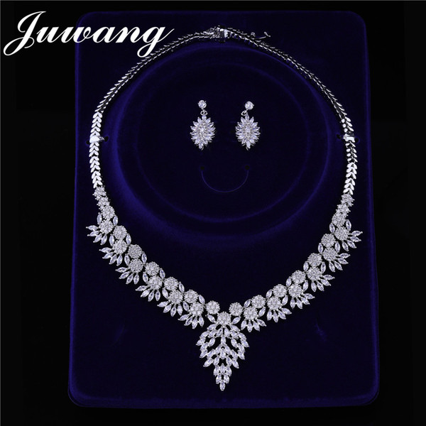 JUWANG Cubic Zirconia Pave Saudi Arabia Sliver Wedding Bridal Necklace Earrings Jewelry Sets for Women Valentine's Day Gift