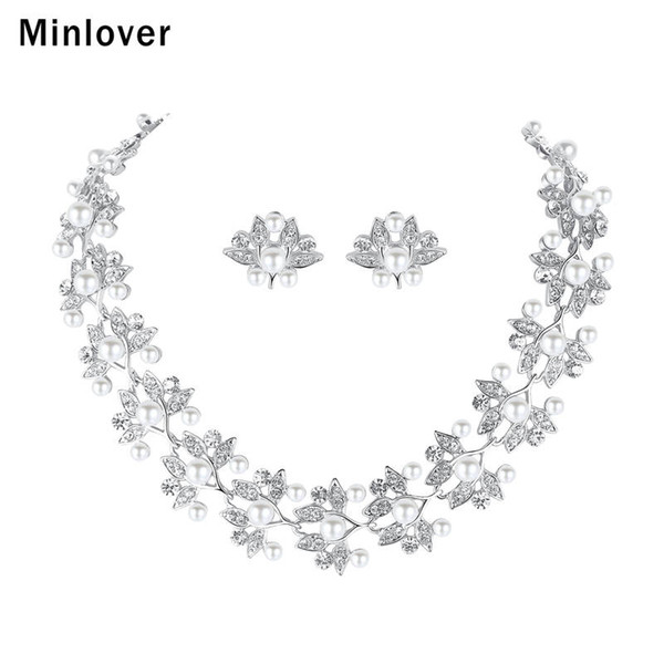 Minlover Flower Simulated Pearl Bridal Jewelry Sets Leaf Shape Silver Color Necklace Sets 2018 Wedding Jewelry for Women MTL512