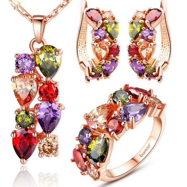 New Top Rose Gold Plate Flower Jewelry Set Mother's Day gift Multicolor Cubic Zircon Pendant/Earrings/Ring Women Wedding Jewelry Sets