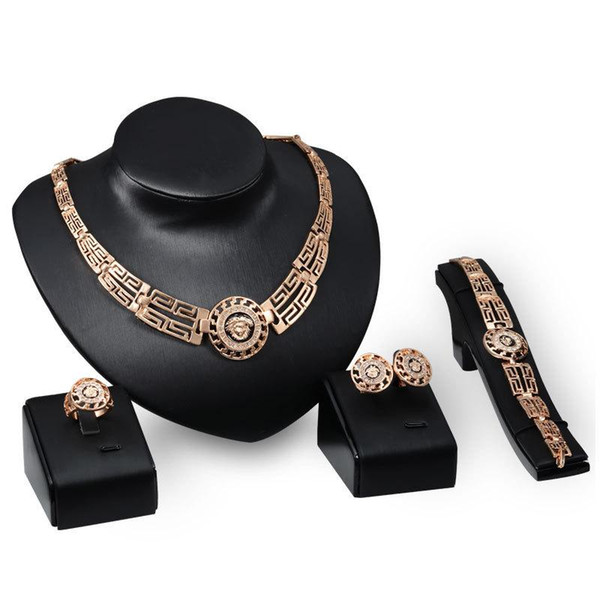 18K Gold Plated Enamel Lion Head Necklace Bracelet Earrings Ring Jewelry Sets for Women Wedding Jewelry Sets 4pcs/Set Wholesale Price