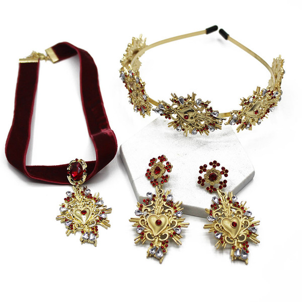 New Beautiful Baroque Red Rope Necklace Headband Earrings Set Ornament Fashion Golden Headband Earrings Bridal Accessories