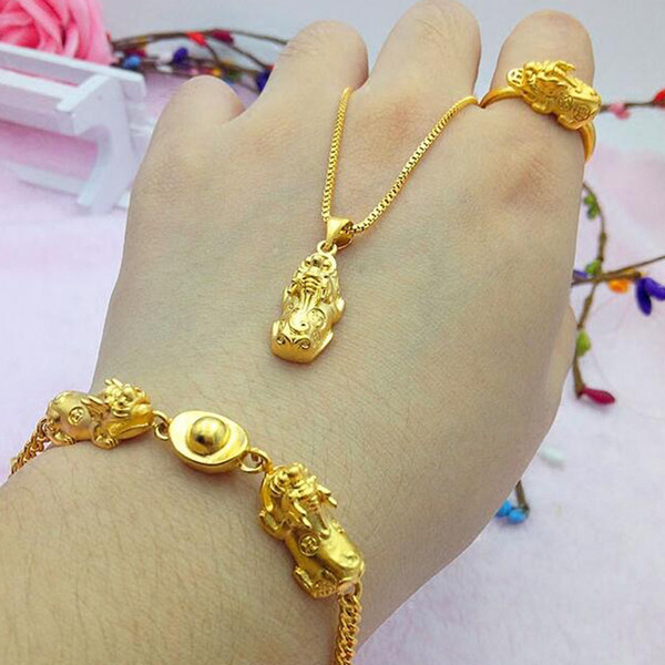 3pcs Gold Plated 24K Emulation Gold Bracelet Transferred Lucky Bracelet Ring Necklace Jewelry Top Quality Gold Colors Bracelets For Women