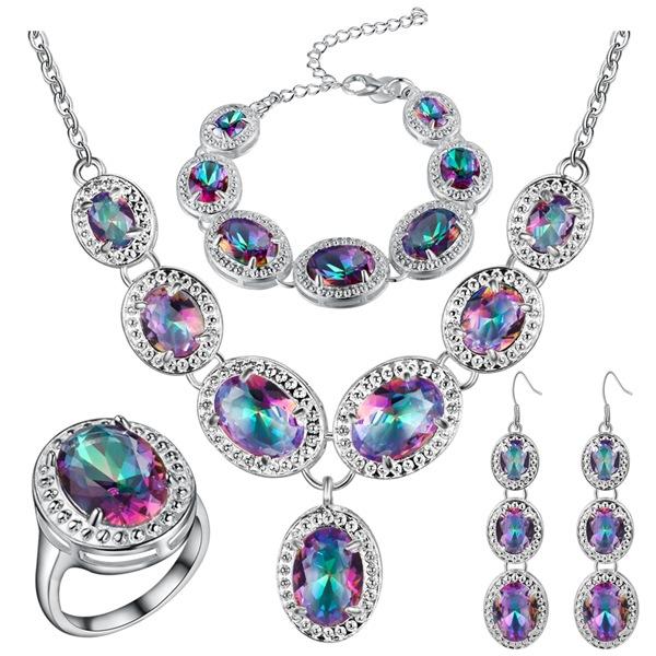 Colorful Gemstone CZ 925 Sterling Silver Wedding Jewelry Sets for Women Earrings/Pendant/Necklace/Rings/Bracelets